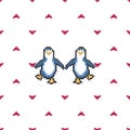 Seamless pattern with penguins in love. Cute pixel penguins. 8 bit vector illustration. Winter animals pattern.