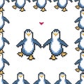 Seamless pattern with penguins in love. Cute pixel penguins. 8 bit vector illustration. Winter animals pattern.