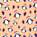 Seamless pattern with penguins on a peach background.