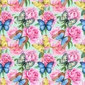 Seamless pattern of peonies, roses and butterflies, summer flowers, watercolor illustration, floral background Royalty Free Stock Photo