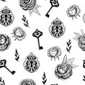 Seamless pattern with peonies, vintage keyhole and keys. Black and white illustration.