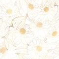 Seamless pattern with peony camelia flowers on white. Luxury bright shiny golden.