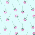 Seamless pattern of peony flower buds on a light blue background. Illustration of felt-tip pens.