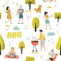 Seamless Pattern with People on BBQ Party. Friends on Summer Barbeque and Grill Background. Outdoor Cooking Meat Royalty Free Stock Photo