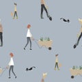 Seamless pattern with people gardening. Woman with wheelbarrow, man working with shovel, boy with watering can and cat Royalty Free Stock Photo