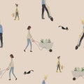 Seamless pattern with people gardening. Woman with wheelbarrow, man working with shovel, boy with watering can and cat Royalty Free Stock Photo