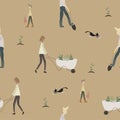 Seamless pattern with people gardening. Woman with wheelbarrow, man working with shovel, boy with watering can and cat Royalty Free Stock Photo