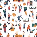 Seamless pattern with people gathering crops in autumn. Backdrop with farmers harvesting or collecting seasonal ripe