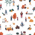 Seamless pattern with people harvesting at autumn farm. Repeatable backdrop with women and men working at garden