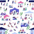 Seamless pattern with people at indie open air festival or hipster event activity. Persons chill together or have