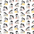 Seamless pattern with people in love. Backdrop with cute cuddling romantic couples or hugging men and women on white