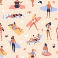 Seamless pattern with people lying on beach and sunbathing, reading books, surfers carrying surfboards. Backdrop with