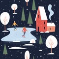 Seamless pattern with people skating. Skaters on a skating rink in a small town covered with snow.