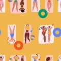 Seamless pattern with people sunbathing at beach vector illustration