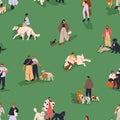 Seamless pattern, people walking with dogs in park. Endless repeating print design, cute puppies and pet owners