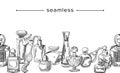 Seamless Pattern with Perfume Bottles, Fragrance in Vials with Pumps and Bungs. Doodle Aroma Products, Cosmetics Scents