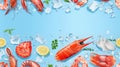 Seamless pattern. A photograph of raw meat, fish and seafood on ice cubes against a light blue background Royalty Free Stock Photo