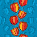 Seamless pattern with Physalis or Cape gooseberry in red and in orange on the blue background