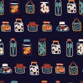 Seamless Pattern with Pickled Food - Cucumber, tomatoes, Olives, Peas, Eggs, Mushrooms.
