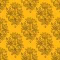 Seamless pattern with a picture of dice, a golden crown and green leaves