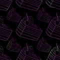 Seamless pattern of Piece of cake with cherry and whipped cream on black background. Royalty Free Stock Photo