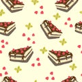 a piece of chocolate cake, with raspberries and leaves. vector graphics for background, fabric or wrapping paper