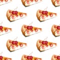 Seamless pattern of piece of fragrant cherry pie decorated with berries on white background