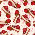 Seamless pattern with pieces of cake with strawberries