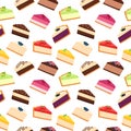 Seamless pattern with pieces of cheesecakes. Bright background with slices of pies, vector illustration