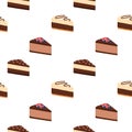 Seamless pattern with pieces of cheesecakes with chocolate. Background with slices of pies, vector illustration