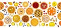 Seamless pattern of pies with different toppings. Vector illustration isolated on white Royalty Free Stock Photo