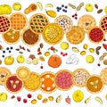 Seamless pattern with pies, fruits, nuts, apples, pumpkins, berries. Set of pastries with different fillings Royalty Free Stock Photo