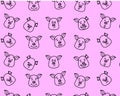 Seamless pattern. Pig head with different emotions, meme, icon. Single, vector images. Black outline on pink background.