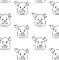 Seamless pattern. Pig head with different emotions, meme, icon. Single, vector images. Black outline.