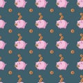 Seamless pattern. Piggy bank. Cartoon pig with a coin Vector illustration