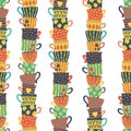 Seamless pattern piles of stacked colorful cups. Colorful background with tea mugs. Hand drawn vector illustration. For menu, cafe