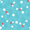 Seamless pattern of pills. Blue medical background