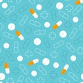 Seamless pattern of pills. Blue medical background