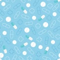 Seamless pattern of pills. Blue medical background