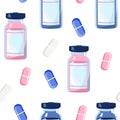 Seamless pattern with pills and glass vials.Vitamin complex and healthcare.Keep calm and drink sedative tablets.