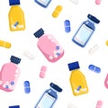 Seamless pattern with pills and glass vials.Vitamin complex and healthcare.Keep calm and drink sedative tablets.