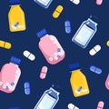 Seamless pattern with pills and glass vials.Vitamin complex and healthcare.Keep calm and drink sedative tablets.