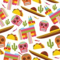 Seamless pattern with pinata, sombrero hat, scull, taco and cactus. Design dedicated to mexica and mexican traditional objects