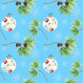 Seamless pattern of pine branches and cones, Christmas Glass Ball with red rowan Branches, winter birds Blue tit on blue Royalty Free Stock Photo