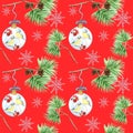 Seamless pattern of pine branches and cones, Christmas Glass Ball with red rowan Branches, winter birds Blue tit on red Royalty Free Stock Photo