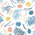 Seamless Pattern With Pine Branches, Pine Cones And Needles. The Sketch Style. Yellow, Red And Blue. Hand Drawn. Merry Christmas.