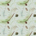 Seamless pattern of a pine branches and needle. Coniferous twig and pinecone.