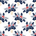 Seamless pattern, pine branches, red berries and holly leaves on a white background. Print, christmas background, textile Royalty Free Stock Photo