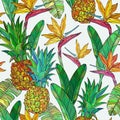 Seamless pattern with pineapple bird of paradise flowers