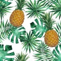 Seamless pattern with pineapple and leaves. Tropical, exotic, fashion. Watercolor